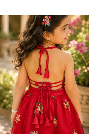 Girls Embroidered Ready to Wear Lehenga & Choli - Red 4