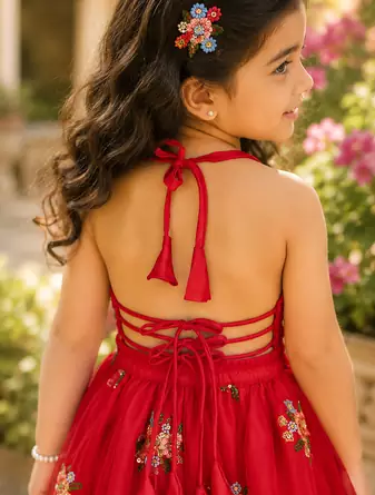 Girls Embroidered Ready to Wear Lehenga & Choli - Red
