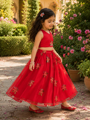 Girls Embroidered Ready to Wear Lehenga & Choli - Red 5