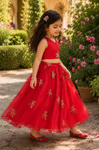 Girls Embroidered Ready to Wear Lehenga & Choli - Red