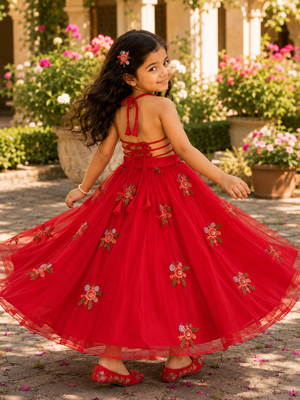 Girls Embroidered Ready to Wear Lehenga & Choli - Red 6