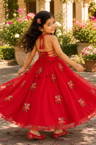 Girls Embroidered Ready to Wear Lehenga & Choli - Red