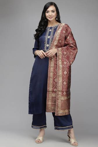 Women navy blue yoke embroidered kurta with palazzos &  dupatta