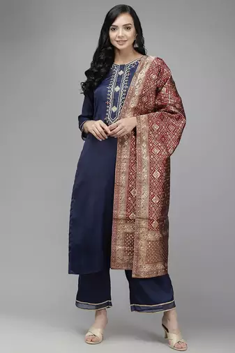 Women navy blue yoke embroidered kurta with palazzos &  dupatta