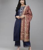 Women navy blue yoke embroidered kurta with palazzos &  dupatta
