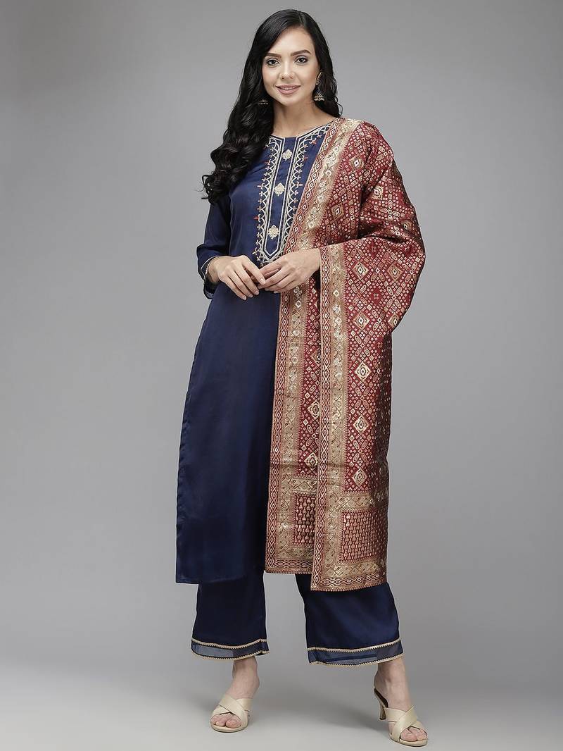 Women navy blue yoke embroidered kurta with palazzos &  dupatta