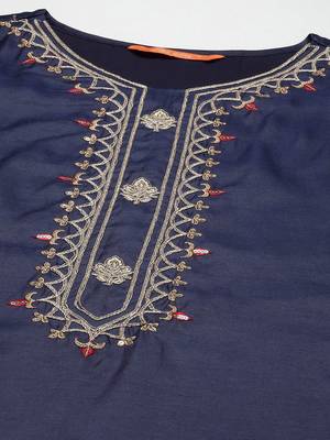 Women navy blue yoke embroidered kurta with palazzos &  dupatta 2