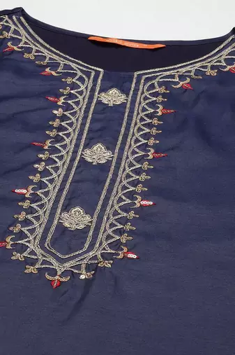 Women navy blue yoke embroidered kurta with palazzos &  dupatta