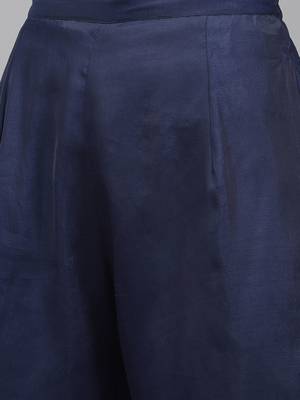Women navy blue yoke embroidered kurta with palazzos &  dupatta 3
