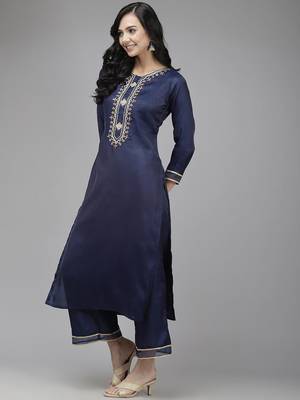 Women navy blue yoke embroidered kurta with palazzos &  dupatta 5