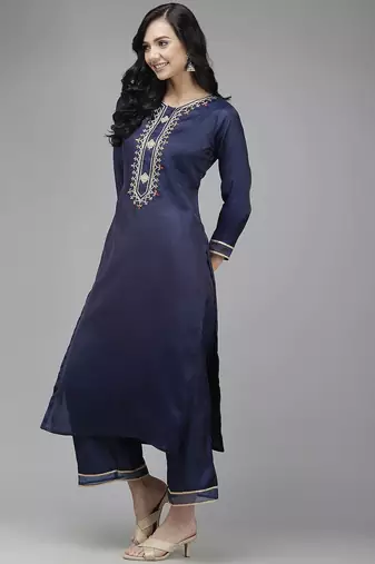 Women navy blue yoke embroidered kurta with palazzos &  dupatta