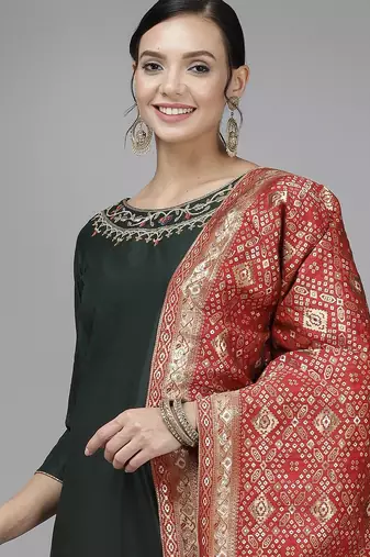 Women green ethnic motifs regular liva kurta with trousers & dupatta
