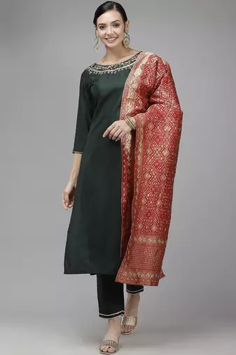 Women green ethnic motifs regular liva kurta with trousers & dupatta