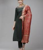 Women green ethnic motifs regular liva kurta with trousers & dupatta