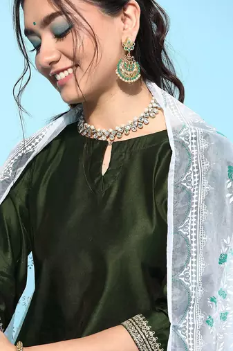 Women green embroidered regular sequinned liva kurta with palazzos & with dupatta