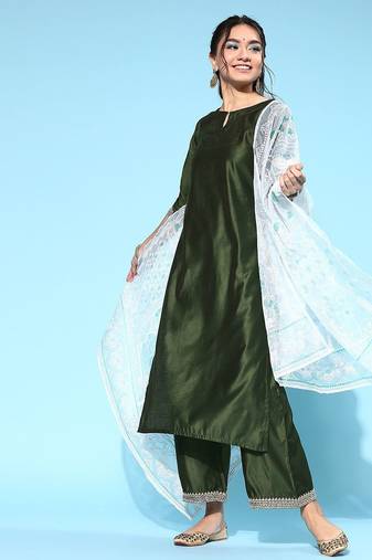 Women green embroidered regular sequinned liva kurta with palazzos & with dupatta