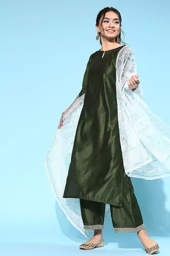 Women green embroidered regular sequinned liva kurta with palazzos & with dupatta