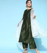 Women green embroidered regular sequinned liva kurta with palazzos & with dupatta