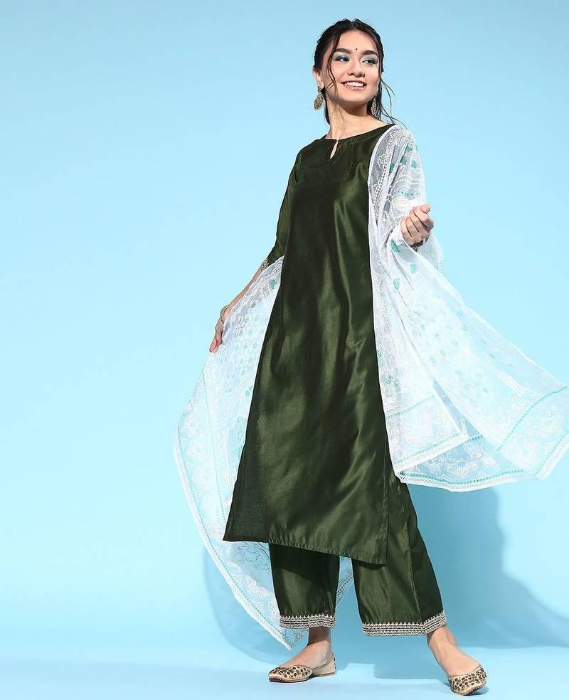 Women green embroidered regular sequinned liva kurta with palazzos & with dupatta