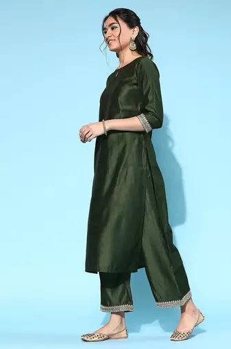 Women green embroidered regular sequinned liva kurta with palazzos & with dupatta