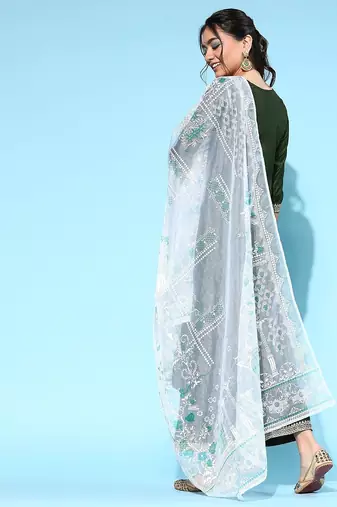 Women green embroidered regular sequinned liva kurta with palazzos & with dupatta