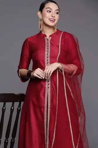 Women alina cut striped high slit thread work liva kurta with trousers & dupatta
