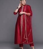 Women alina cut striped high slit thread work liva kurta with trousers & dupatta