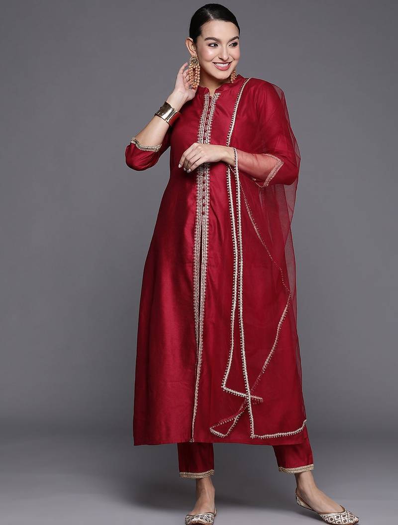 Women alina cut striped high slit thread work liva kurta with trousers & dupatta