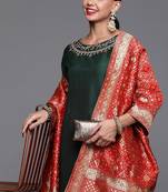 Women green thread work liva kurta with trousers & dupatta