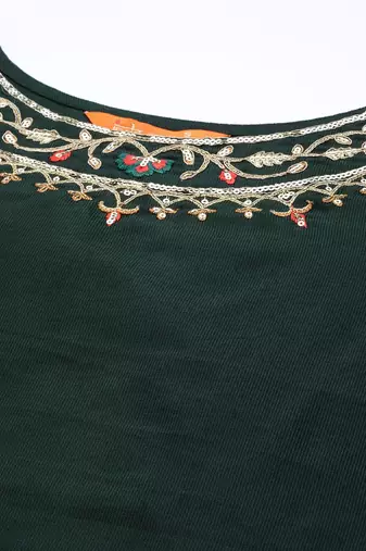 Women green thread work liva kurta with trousers & dupatta