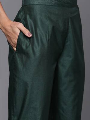 Women green thread work liva kurta with trousers & dupatta 4