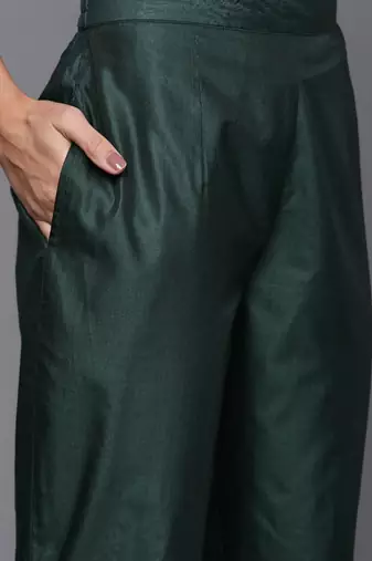 Women green thread work liva kurta with trousers & dupatta