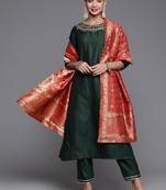 Women green thread work liva kurta with trousers & dupatta