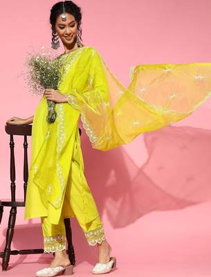 Lime green silk blend scalloped edge kurta set 1