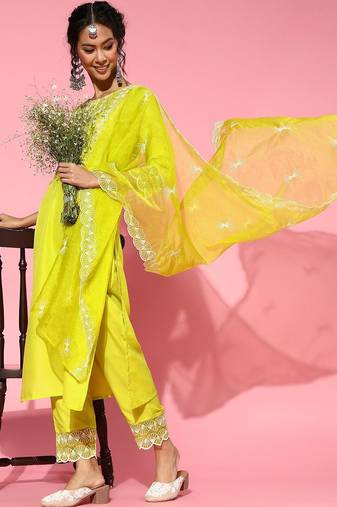 Lime green silk blend scalloped edge kurta set
