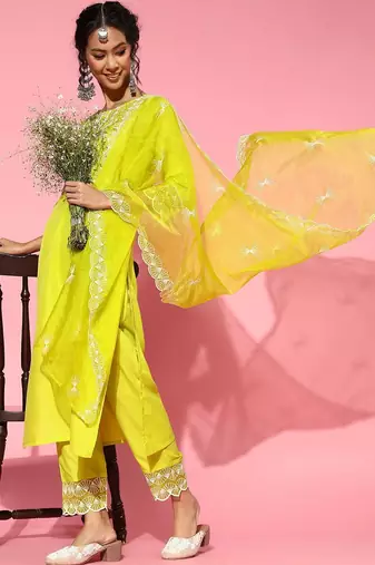 Lime green silk blend scalloped edge kurta set