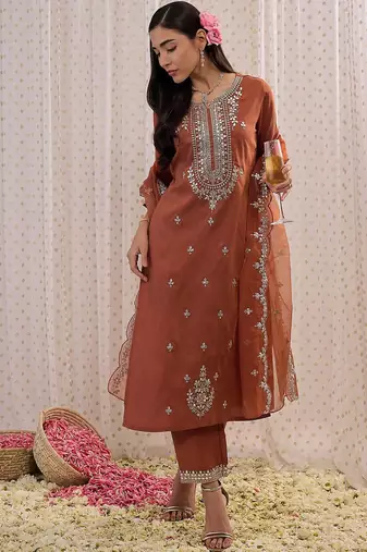 Ethnic motifs embroidered regular gotta patti kurta with trouser & dupatta