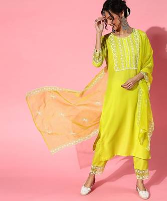 Lime green silk blend scalloped edge kurta set 2