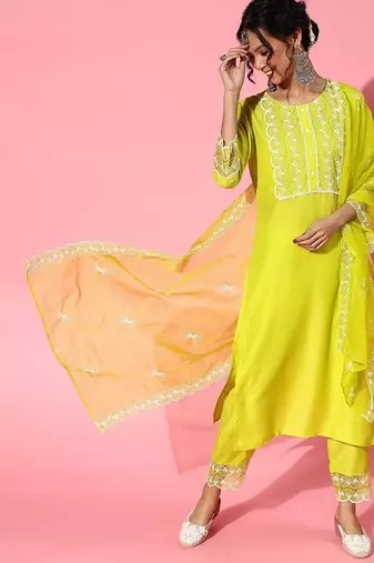 Lime green silk blend scalloped edge kurta set