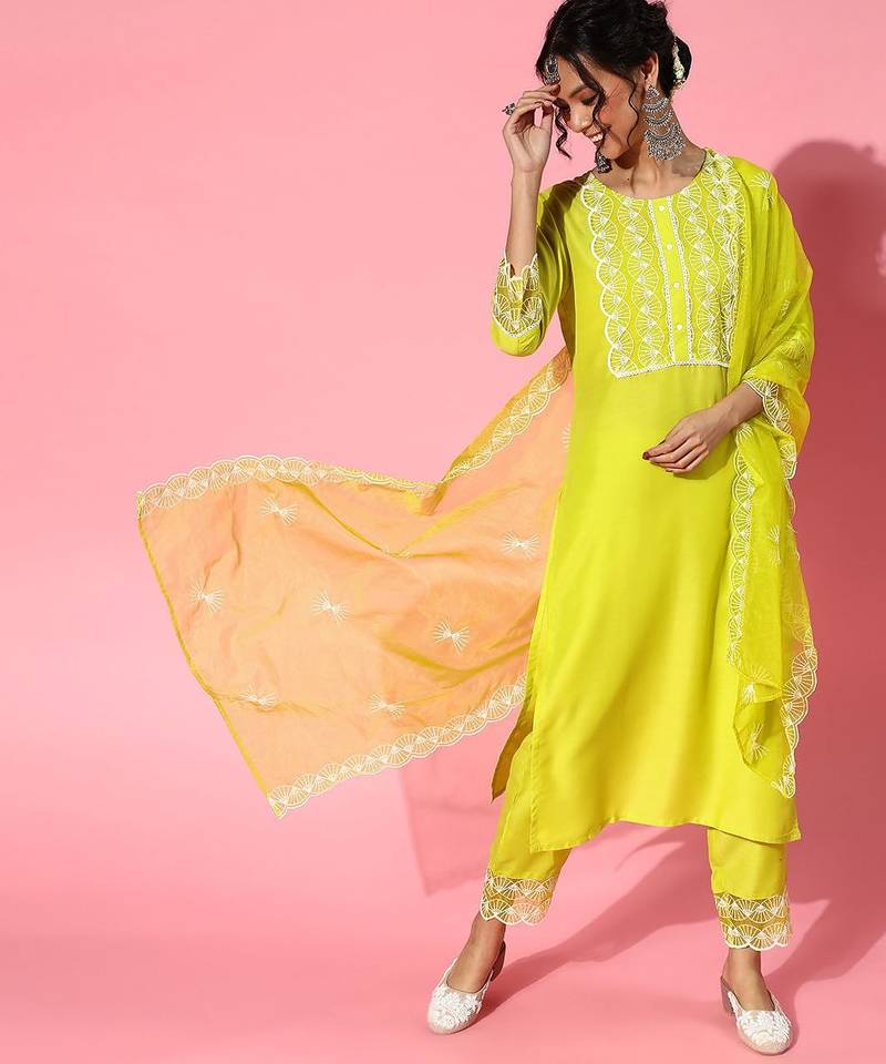 Lime green silk blend scalloped edge kurta set