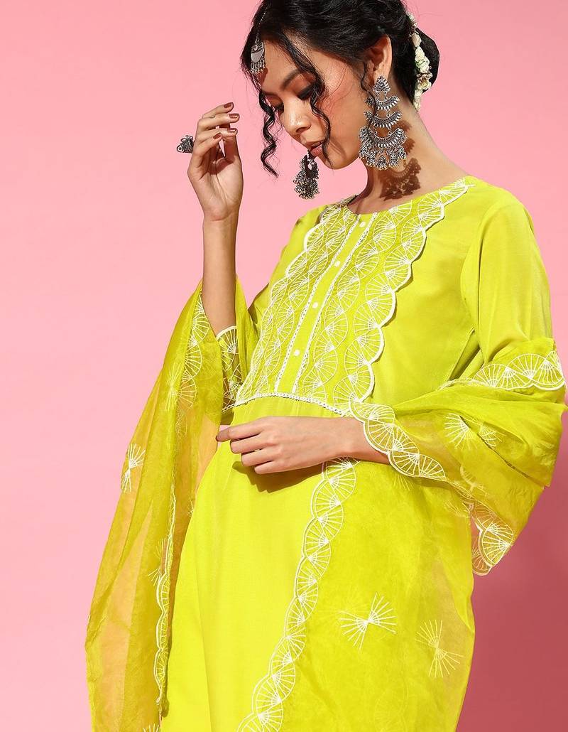 Lime green silk blend scalloped edge kurta set
