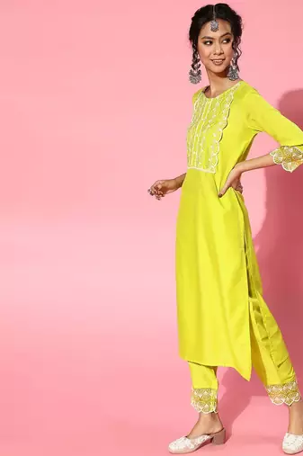 Lime green silk blend scalloped edge kurta set