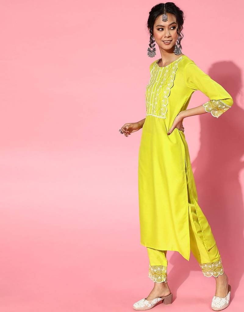 Lime green silk blend scalloped edge kurta set