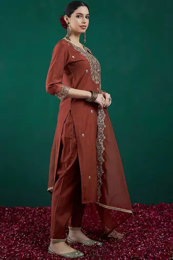 Ethnic motifs embroidered regular liva zari kurta with trousers & dupatta