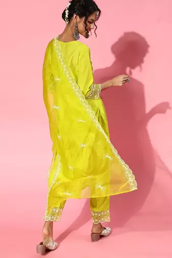 Lime green silk blend scalloped edge kurta set