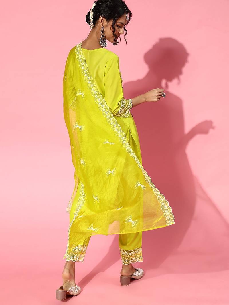Lime green silk blend scalloped edge kurta set