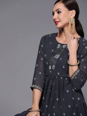 Women navy blue printed pleated beads and stones kurta with sharara 2