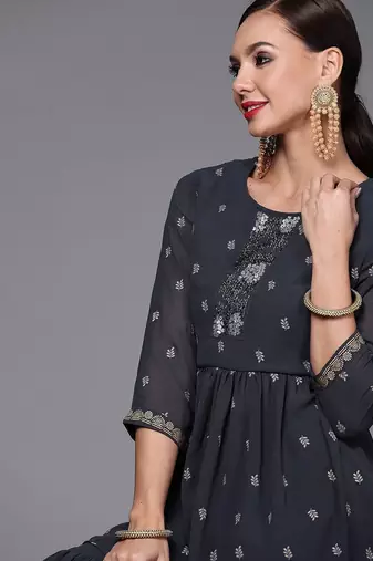 Women navy blue printed pleated beads and stones kurta with sharara