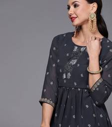 Women navy blue printed pleated beads and stones kurta with sharara