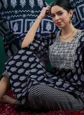 Ethnic motifs printed thread work straight kurta with trousers & dupatta 1